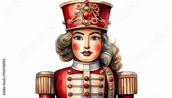 Fototapeta Nutcracker, watercolor clipart illustration with isolated background. closeup female nutcracker watercolor style. 