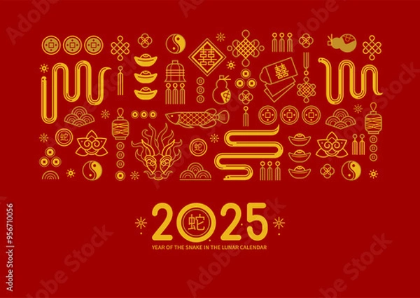 Obraz Vector square card pattern on red with outline symbols of the Snake Zodiac sign, Symbol of 2025 in the Chinese Lunar calendar. Line art China design. Chinese snake illustration. China translate: Snake