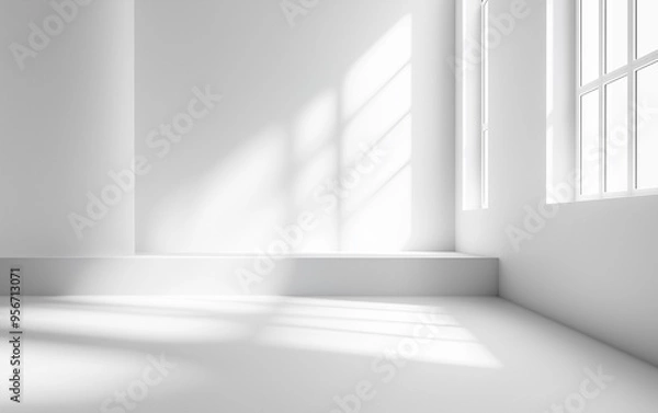 Fototapeta Minimalist Abstract White Background with Soft Shadows and Light Reflections, Ideal for Product Display or Advertising Backdrop in a Studio Setting.