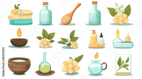 Fototapeta Stylish collection of spa and wellness items including towels, essential oils, and botanical elements for relaxation and self-care