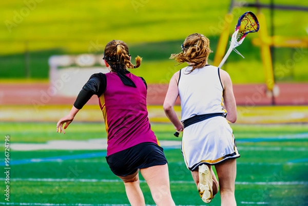 Obraz An offensive player with the ball is being chased by the defense. Girls varsity lacrosse game in early Spring in Upstate NY. An athlete takes a hit to the face during this play.