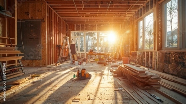 Fototapeta Construction site of a house with sunlight streaming through