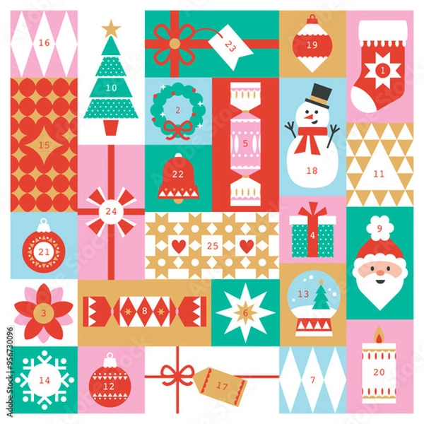 Obraz Cute, colourful Christmas holidays advent calendar for December sales, marketing, kids bight fun vector design