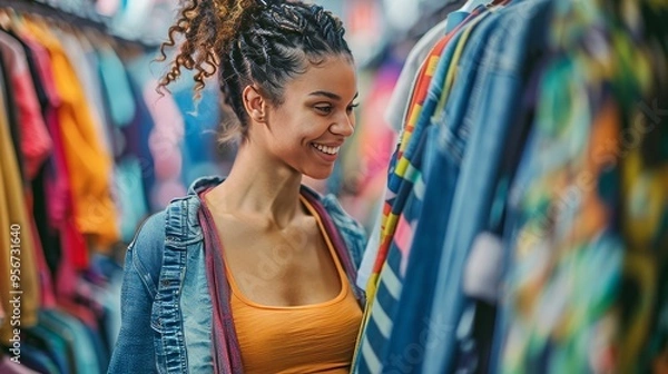 Fototapeta Joyful woman enjoys shopping for jeans, exploring various styles in a vibrant clothing store
