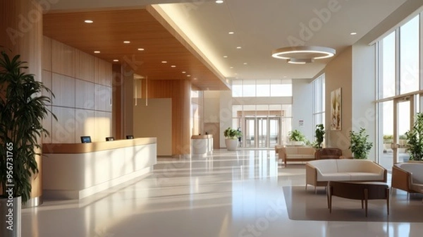 Fototapeta A modern hospital lobby with a spacious, open layout, comfortable seating, and a reception desk