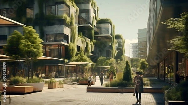 Fototapeta An ambient shot of a green urban plaza with recycled materials and sustainable landscaping, showcasing environmentally conscious public spaces.