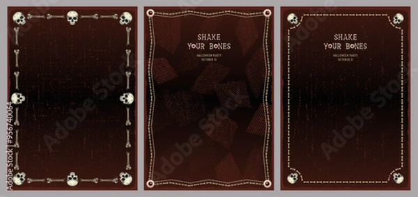 Fototapeta Vintage vertical frames made with skull, bones. Dar red textured background with copy space. For Halloween, Dia de los Muertos holiday decoration. Template for menu, poster, invitation. A4