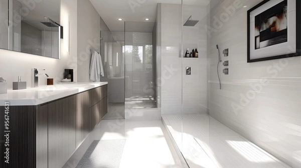 Fototapeta Sleek modern bathroom featuring a frameless mirror, a floating vanity with white countertops, and a walk-in shower with a rain head
