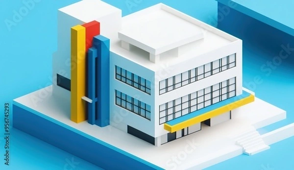 Fototapeta An isometric illustration of white buildings with blue, yellow, and red accents
