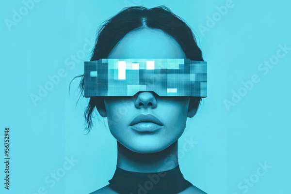 Fototapeta A front-facing human with futuristic tech nodes on both sides of the head, depicting the integration of technology into humans.