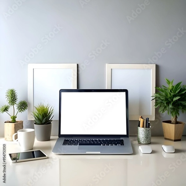 Fototapeta Clean and modern workspace mockup featuring a laptop. tablet. blank frames. and office supplies.