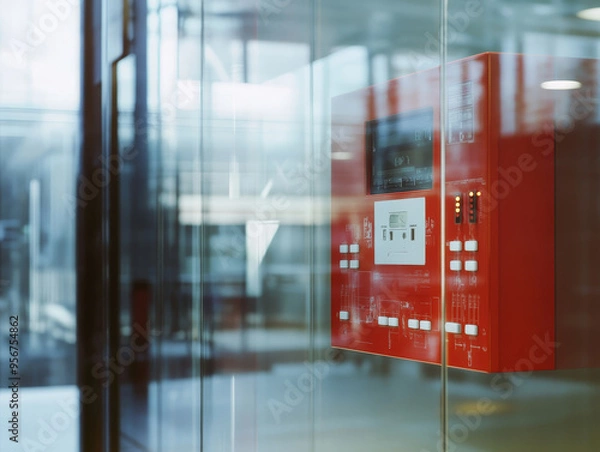 Obraz Fire alarm control panel on glass wall, showcasing modern safety technology and design.