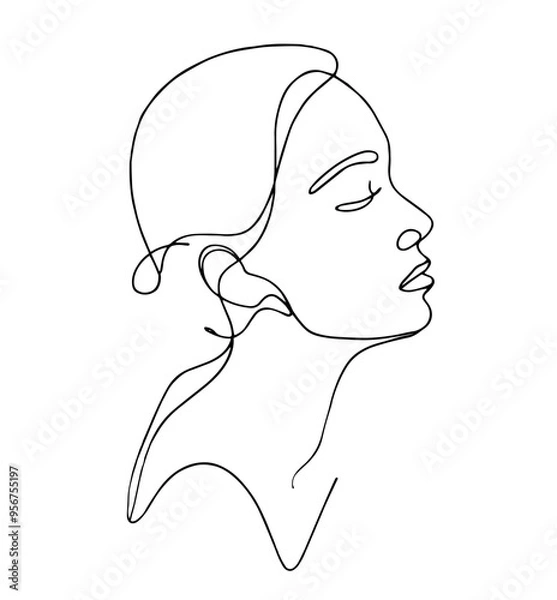 Fototapeta Minimalist continuous line drawing of a woman's face. Vector illustration with simple, hand-drawn outline, perfect for beauty, fashion, and cosmetic logos. trendy, elegant, and stylish design.