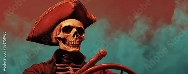 Fototapeta Skeleton pirate captain, steering through cursed waters, eerie glow, Watercolor style