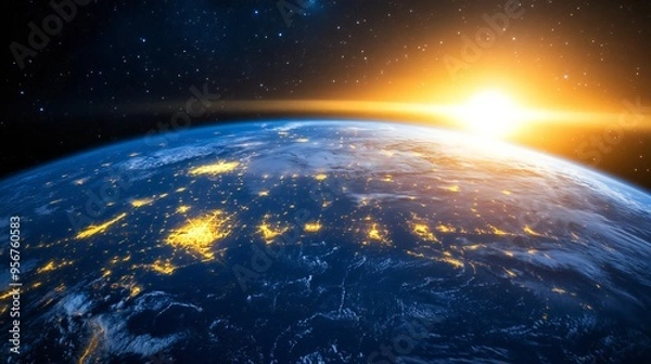 Obraz Planet Earth from space at sunrise, city lights visible, realistic photographic style, high resolution