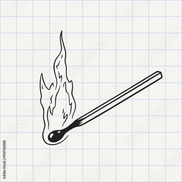 Fototapeta Burning matchstick doodle sketch icon. Minimalist line drawing of a match with flame. Black and white hand-drawn vector illustration.