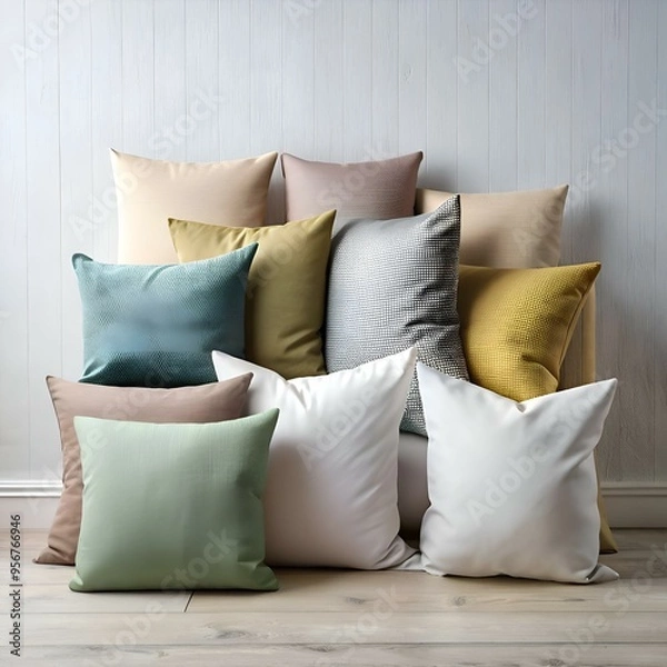 Fototapeta Cozy up with this inviting pile of colorful throw pillows! Perfect for adding a touch of warmth and personality to any living room. bedroom. or home office.