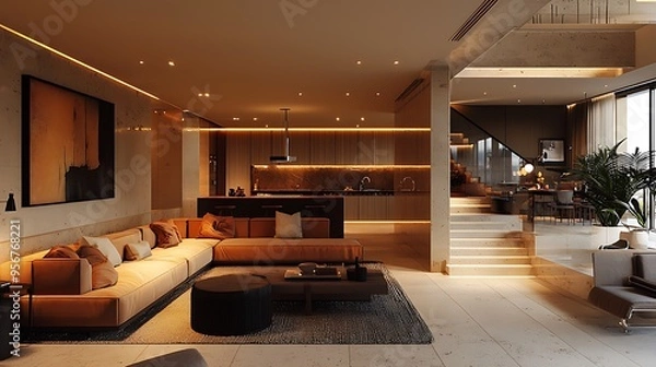 Fototapeta An open-plan living room with a kitchen and stairs combines modernity and spaciousness.