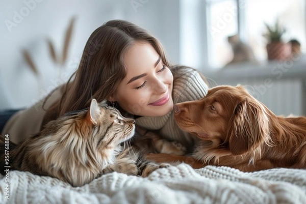 Fototapeta Smiling woman cuddling with her dog and curious cat.