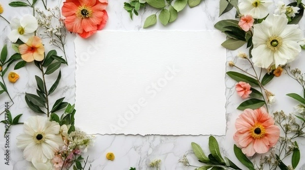 Fototapeta garland surrounded by a blank white card, flowers, blank space in the middle, marble desktop, background image