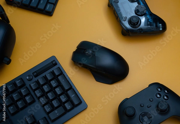 Fototapeta gamer work space concept, top view a gaming gear, mouse, keyboard, joystick, headset   on table background.