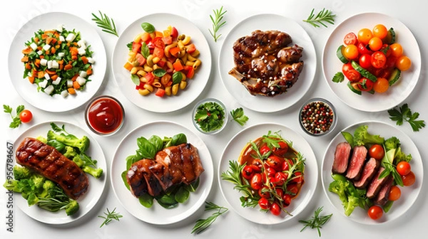 Fototapeta set of plates of food isolated on a white background, top view