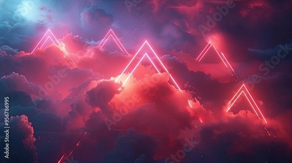 Fototapeta Red Neon Triangles Against a Cloudy Sky