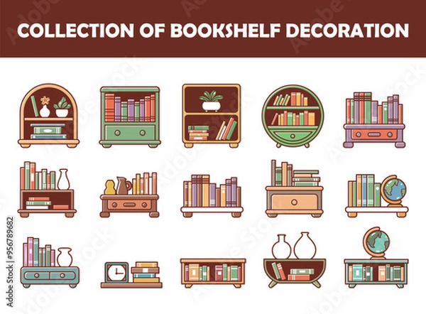 Obraz Bookshelf decoration vector illustration set