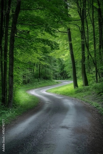 Fototapeta A winding path leading through dense green woods, illuminated by gentle natural light, evoking a serene journey.