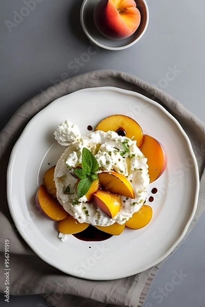Fototapeta Whipped ricotta with roasted peaches, pita slices, and balsamic drizzle