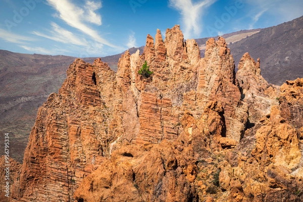 Fototapeta Rough pointy rock formation with lonely green tree, Tenerife