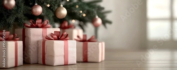 Fototapeta A festive scene featuring beautifully wrapped Christmas presents under a decorated tree, creating a warm holiday atmosphere.