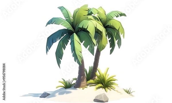 Fototapeta 3D cartoon vector palm tree clip art on a white background, high resolution, simple and clean, created in Adobe Illustrator.