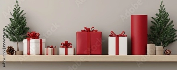 Fototapeta Festive arrangement of red and white gift boxes with bows alongside evergreen trees on a wooden shelf.