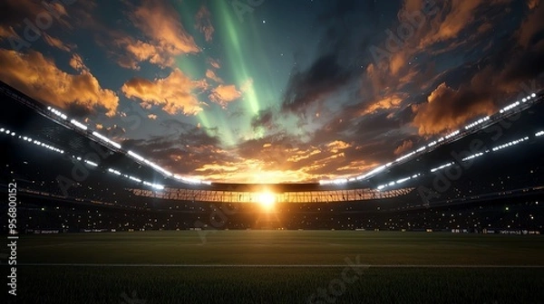 Fototapeta Vibrant stadium under aurora borealis, green and purple lights dancing in the sky, surreal and magical setting