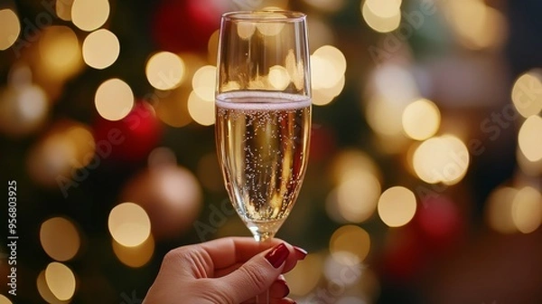 Fototapeta Close-up of a womans hand holding a glass of champagne, with festive bokeh lights in the background