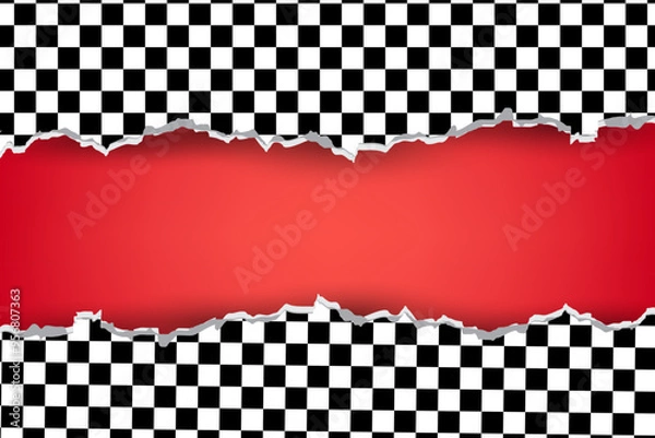 Fototapeta Abstract background of torn paper edge black and white checkerboard pattern. Vector illustration.