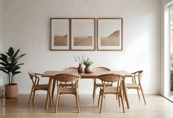 Fototapeta A minimalist dining room with a wooden table, two wicker chairs, and three empty frames on the wall.