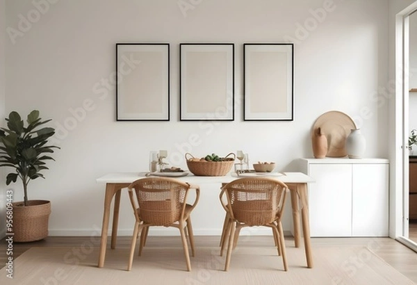 Fototapeta A minimalist dining room with a wooden table, two wicker chairs, and three empty frames on the wall.