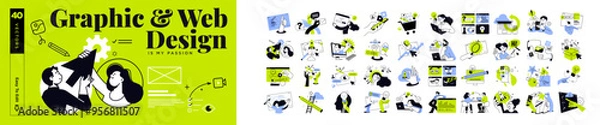 Fototapeta Graphic and web design concept illustrations. Vector illustrations of creative idea, web and app design and development, seo, graphic design, startup, project launch, social media, content management.