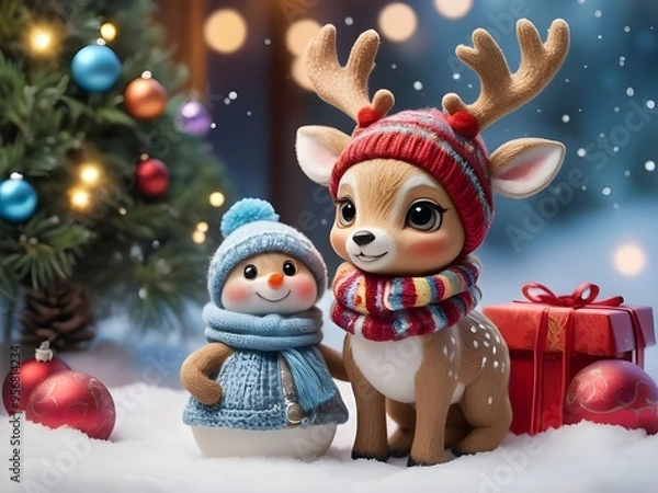 Obraz Happy bambi with christmas gift Generative AI