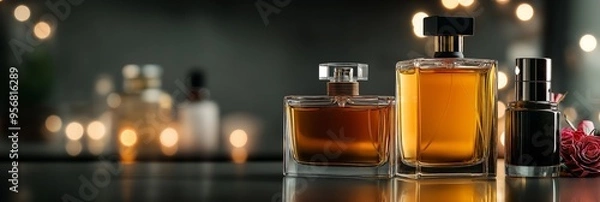 Fototapeta An elegant display of various luxury perfume bottles with blurred bokeh lights in the background, chic and stylish.