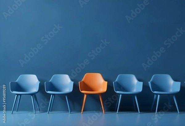 Fototapeta best candidate concept, orange chair standing out in a row of blue chairs against a blue background, symbolizing uniqueness. candidate, job interview