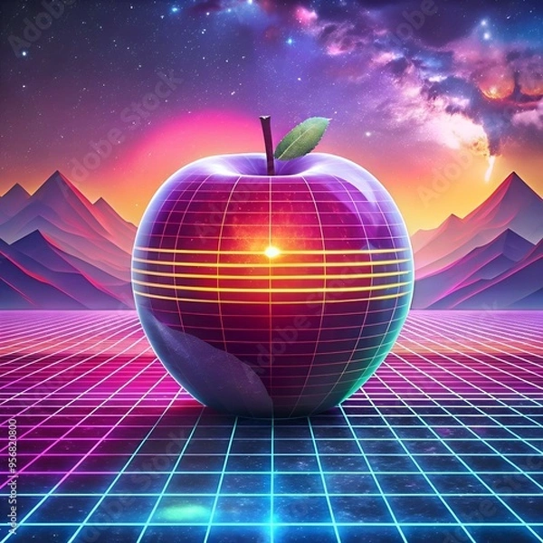 Obraz A vibrant 3D illustration of a futuristic apple. set against a retro futuristic landscape.