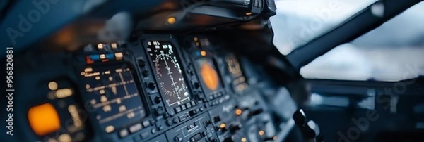 Fototapeta An airplane cockpit showcasing various controls and instruments, highlighting advanced avionics and piloting precision.