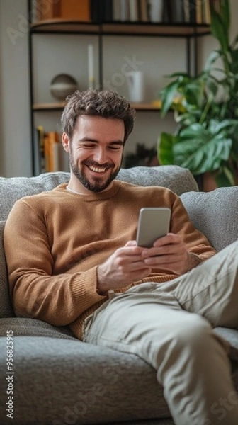 Fototapeta Cheerful man relaxing on cozy sofa, browsing smartphone with a bright smile. Home interior with shelves and plants create warm, inviting atmosphere.