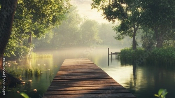 Fototapeta A serene riverside scene with a wooden dock extending into still waters, surrounded by lush green trees.