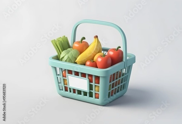 Obraz Shopping basket with groceries. Full red plastic grocery or food cart with products in cartoon style, side view, isolated on white. 3d rendering.
