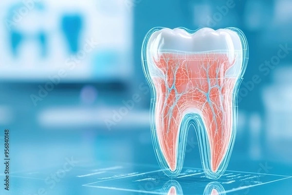 Fototapeta A detailed illustration of a tooth highlighting its internal structure and roots against a clinical background.