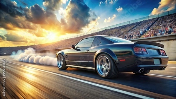 Fototapeta A sleek, high-performance drag race car accelerates down a racing strip, its rear wheels smoking and engine roaring, surrounded by blurred grandstand and blue sky.